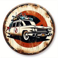 Ghostbusters Ecto-1 automobilio vintažinis metalinis ženklas, retro aliuminio apvalus sienos menas, ikoniškos filmo transporto priemonės dekoras, filmų gerbėjų kolekcionuojamas daiktas 20x20cm balta