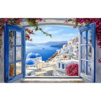 Atidarytas langas Santorinio sala Laivas Egėjo jūra Sienos meno plakatas Spaudinys Graikija Drobės tapyba svetainei Namų dekoravimas 50cm×70cm NoFrame