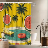 Watermelon & Palm Tree Shower Curtain – Vibrant Yellow Green Pool Scene, Tropical Beach Design, Polyester, Includes Hooks W60H190(CM)-1 Pcs yellow