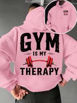 Gym Is My Therapy Barbell Fitness Double Side Printed Men Hip Hop Sports Hoodie, Retro Sports Comfort Loose Casual Sweatshirt S rožinė