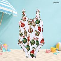 Girls One Piece Swimsuit Sleeveless Scoop Neck Wide Straps Santa Claus Christmas Printed White 150 white