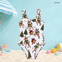 Girls One Piece Swimsuit Sleeveless Scoop Neck Wide Straps Santa Claus Christmas Printed White 130 white