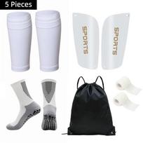 New Football Kit with Shin Guard Sleeves Non‑Slip Soccer Socks Shin Pads Athletic Tape Drawstring Carry Bag for Players 1 4-WT2-Set-White