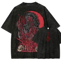 Washed Vintage Bloodborne T shirt Men Women Beast Wolf Red Moon Horror Gothic Dark Game Graphic Cotton Unisex Streetwear Tee L black
