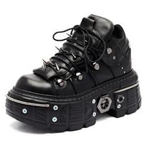 Punk Women Lace-Up Ankle Botas Mujer 2026 Rivet Metal Decoration Round Toe Thick Bottom Boots Woman Nightclub Rock Platform Shoe 36 juoda