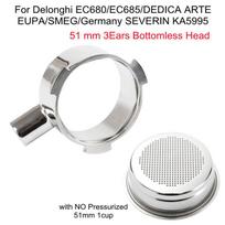 51mm Bottomless Portafilter Head with Pressurized 1 2 Cup Filter Basket for Delonghi EC680 EC685 DEDICA ARTE Coffee Machine 51mm 3 Ears Head gray