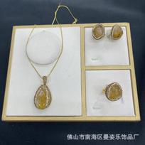 Natural Citrine Rough Stone Set Women Ear Cuff Necklace Bracelet Trio Original Design Jewelry With Agate Pendant Snake Amber