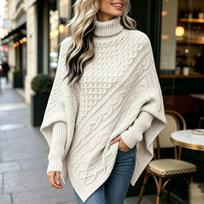 Women's Cable Knit Sleeve Sweater High Neck Cape Knit Pullover Top S smėlis