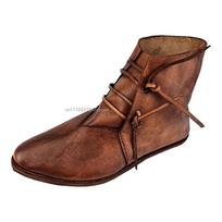 Medieval Pirate Ankle Boots for Men, Lace Up Flat Retro Leather Shoes Renaissance Halloween Cosplay 47 brown