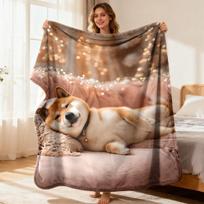 Jaukus šiba inu rašto flanelės pledas Šilta minkšta antklodė sofai Mielas šunų rašto pledas su šventiniu pasakų švieselių fonu Plu 75cm*90cm beige