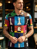 [Print Design-Not Textured] Summer Men'S Chess Print Short Sleeve Polo Shirt, Fun Checkered Collar Casual Top, Individual Artistic Style Daily Wear L įvairiaspalvis