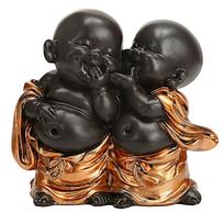 Handcrafted Resin Little Laughing Buddha Showpiece - Black & Copper, 1 Piece varis/juoda