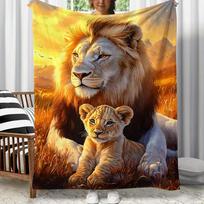 Majestic Lion and Cub Throw Blanket Savannah Sunset Wildlife Portrait Nature Scenery Art Decor for Sofa Bedroom Blanket 75x90cm orange