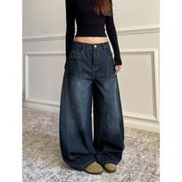 Blue Ladies Retro Y2K Wide Leg Baggy Daily Denim Trouser High Waist Loose Jeans Autumn Harajuku Full Length Pants 2XL mėlyna