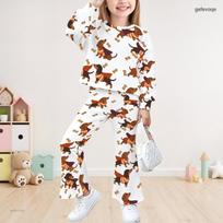 Girls White Cartoon Mouse Cookie Printed Long Sleeve Top And Flare Pants Two Piece Set 120 white