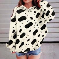 Kids Hooded Cow Print Pullover Sweatshirt for Boys Girls with Pockets Loose Fit 160 white