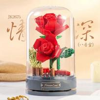 Building blocks music box Clockwork rotating music box Building blocks Rose Lily of the valley puzzle set Valentine's Day gift red