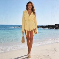 Popular, Bohemian onesie shorts, yellow V-neck lace-up waist vacation onesie L citrinos geltonos spalvos