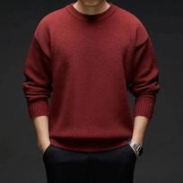 Dopamine Low Collar Middle-aged Knitted Men's Round Neck Long-sleeved Sweater Autumn Winter Loose 5XL raudona