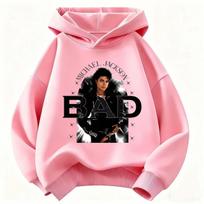 Šauni Michael Jackson spaudinio vaikiška džemperis su gobtuvu, šilta megztinė berniukams ir mergaitėms (2026 m. rudens/žiemos retro popo ikonos grafinis viršus 120 pink