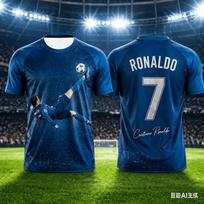 Portugal National Soccer Jersey, CR7 Ronaldo Portrait No.7 Print Quick Dry Top For Trendy Viral Football Fan Daily Street Wear 6XL blue