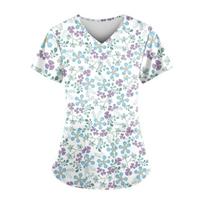 Moterims Chirurginiai chalatai Madingi Gėlių rašto Vasaros Laisvalaikio V formos iškirpte Trumpomis rankovėmis T-shirt Lengvas Dantų Gyvūnų Veterinarinis Klinikos Uniforma Moteris S white
