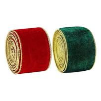 Pack Of 2 Elegant Velvety Christmas Ribbon With Gold Needle Border For Gift Wrapping And Seasonal Styling