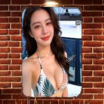 HD Tin Sign Vintage Asian Girl in Palm Leaf Print Bikini on Yacht Metal Wall Art Retro Decor for Bar Cafe Home 20x30cm（7.8x11.8inch） white