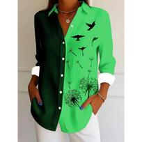 Women's Shirt For Spring Autumn Tops Elegant Dandelion Floral Graphic Bird Pint Long Sleeve Shirt Streetwear Casual Ladies Shirt XL green