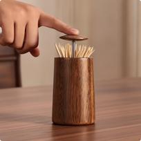 Press-to-Open Dental Pick Holder with Lift-up Lid Sleek Round Toothpick beige