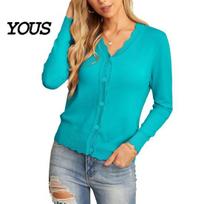 Long Sleeve Casual Knitwear Women Wavy V-Neck Cardigan Sweater, Button-Up Knitted Crop Spring Autumn Sweater Top, Solid Color Striped for Button Front S blue