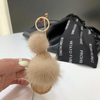 Luxury Fluffy Real Mink Fur Slippers Ball Pom Poms Fur High Quality Car Metal Ring Pendant For Women Bag Charm black