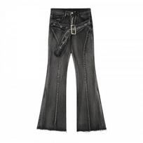 Y2K Streetwear High-Waisted Cropped Flare Jeans With Raw Hem Patchwork Detail Women Medium gray