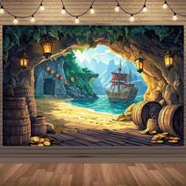 2D Cartoon Pirate Cove Backdrop Hidden Treasure & Galleon Photo Background 47.2x31.5inch/120*80cm blue