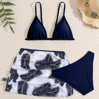 Girls Floral Print Bikini Set Three Piece Swimsuit Includes Triangle Top Skirted Bottom and Bikini Bottom Suitable for Swimming and Beachwear 170 tamsiai mėlyna