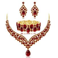 Rhinestone Crystal Bridal Jewelry Sets for Women Choker Necklace Earring Bracelet Wedding Prom Birthday Accessories raudona