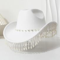 Vintage wool cowboy top hat, rhinestone pearl pendant, British curved brim big edge, love jazz hat. M（56-58cm） balta