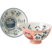Ale-net Mino Ware Daruma Pair Rice Bowls Set of 2, Japanese Ceramic Bowls for Rice, Good Luck Pattern, Gift Box, Made in Japan, 11.5x6cm gray