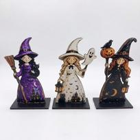 3Pcs Vintage Finish Witch Ghost Tabletop Ornament 2D Flat Dog Halloween Figurine  Autumn Harvest Witch