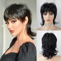 Short wig shaggy Layered 80s Mullet wig Pixie Cut wig WithBangs Curly Synthetic Fake Hair For Women Party Cosplay Use 12inches&1pc gray
