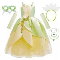 Princesės Tianos suknelė Varlės mergaitėms Cosplay vakarėliui Kūdikio žalias Off Shoulder suknelė Tianos Helovino Elfų kostiumas 4-5Y beige