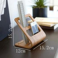 Amgo TV Remote Control Storage Rack Mobile Phone Container Desktop Wood Sundries Organizer for Home Office šviesiai ruda spalva
