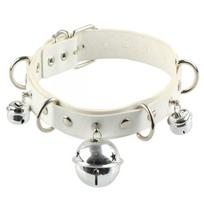 Whip Leather Choker with Leash and Bell for Women Streetwear Punk Necklace white