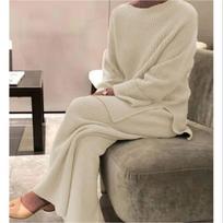 Women's European American Style Solid Color Long Sleeve Knit 2-piece Casual Sweater Set L abrikosas
