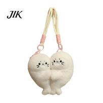 Cute Plush Seal Keychain 1 Pair Baby Keychain, Magnetic Heart Fluffy Keyring, Backpack Accessory for Kids Soft Stuffed Animal Fridge Magnet beige