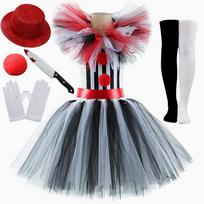 Kids Black White Terrifier Clown Mesh Puffy Dress, Halloween Role Play Costume 10-12Y(145-155cm) gray