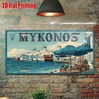 Hisun Skardinis ženklas HD Aliuminio Metalinis ženklas Mykonos Graikija Vintažinio numerio plokštelės stiliaus Sienų dekoras Retro Pakrantės Vėjo malūno Salos Kavinės Dizainas Skardinis Ponas 15x30cm gray