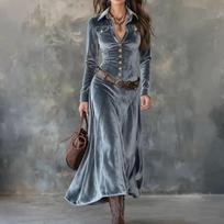 Women's Vintage Velvet Long Dress with Notched Lapel and Single-Breasted Waist-Cinching Design XL gray