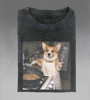 Fun Corgi shirt, retro cooking dog emoji pattern T-shirt, trendy T-shirt All-season pure cotton couple street style shirt M black
