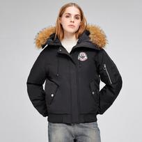 Moterims su gobtuvu ir kailine apykakle parko striukė su avies vilna, užtraukiama striukė, vidutinio ilgio rankovės, šilta striukė, prigludusi juosmens striukė M juoda